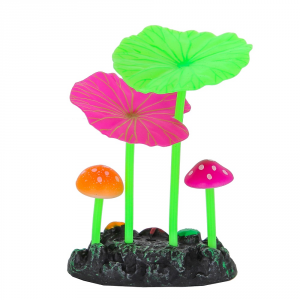 Gloxy Флуорисцентная аквариумная декорация GLOXY 2 гриба и 2 листа лотоса, 7,3х3,5х10